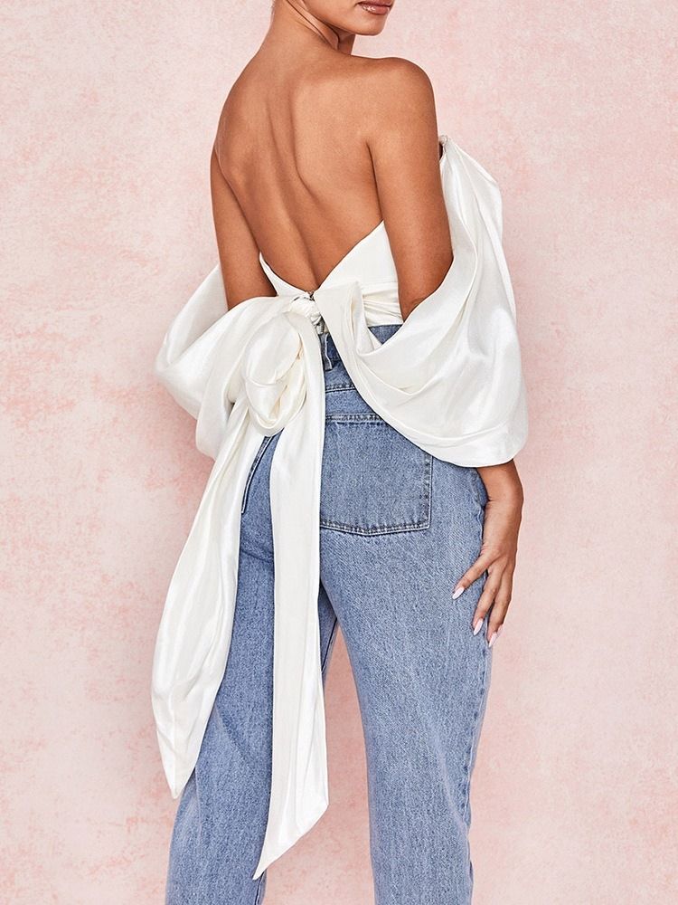 Backless Off Shoulder Plain Kort Trekvartärmblus För Kvinnor