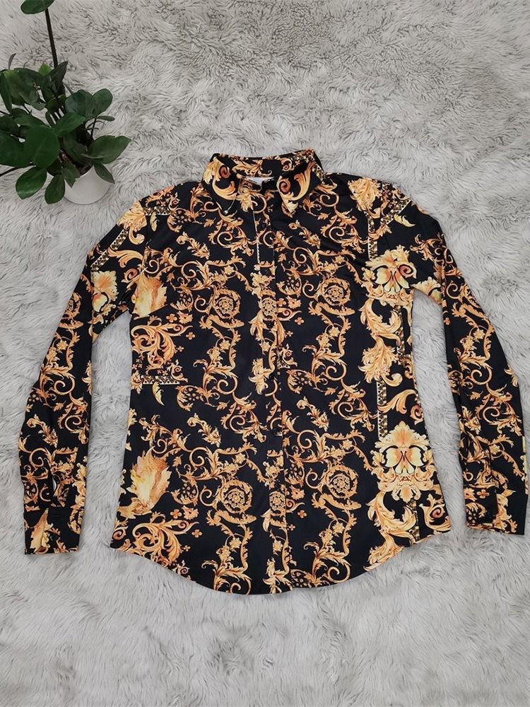 Lapel Floral Print Långärmad Mid-length Damblus