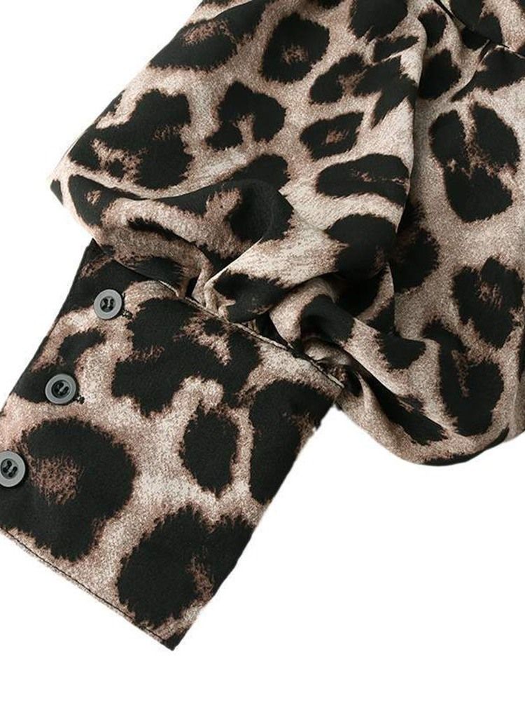 Leopard Lantern Sleeve Print Långärmad Standardblus För Kvinnor