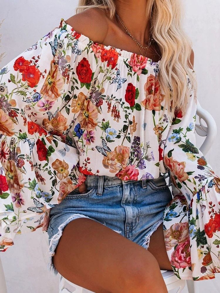 Off Shoulder Floral Print Standard Långärmad Damblus