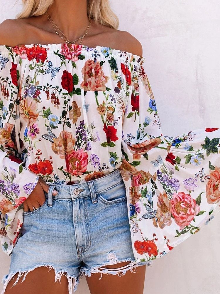 Off Shoulder Floral Print Standard Långärmad Damblus