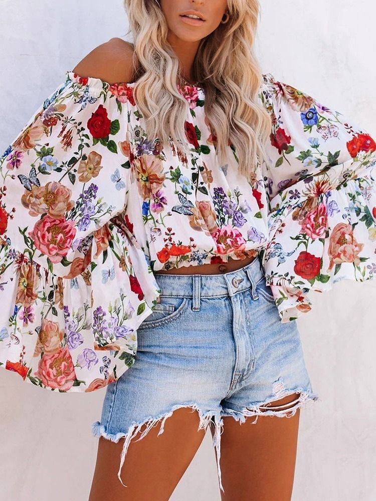 Off Shoulder Floral Print Standard Långärmad Damblus