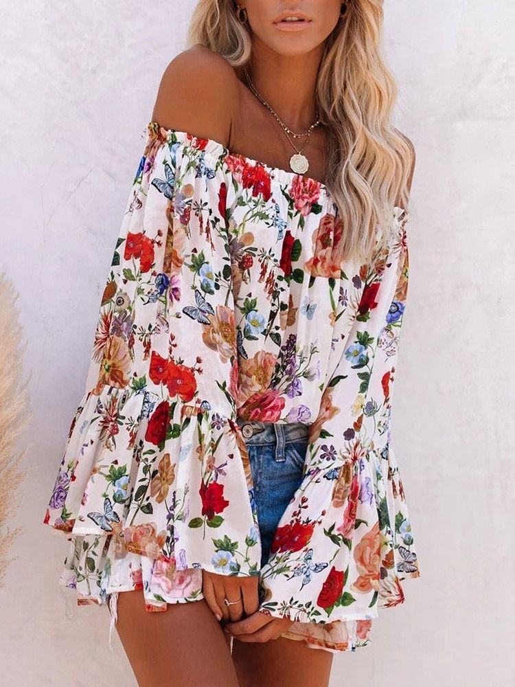 Off Shoulder Floral Print Standard Långärmad Damblus