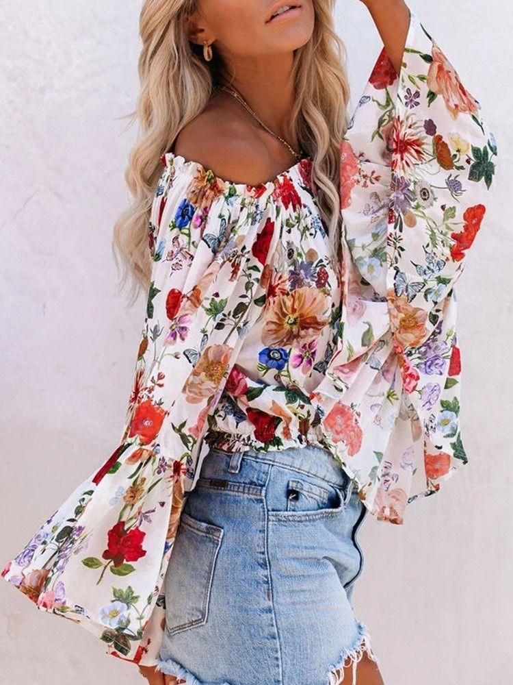 Off Shoulder Floral Print Standard Långärmad Damblus