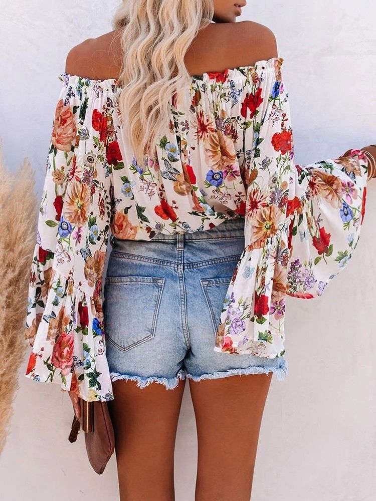 Off Shoulder Floral Print Standard Långärmad Damblus