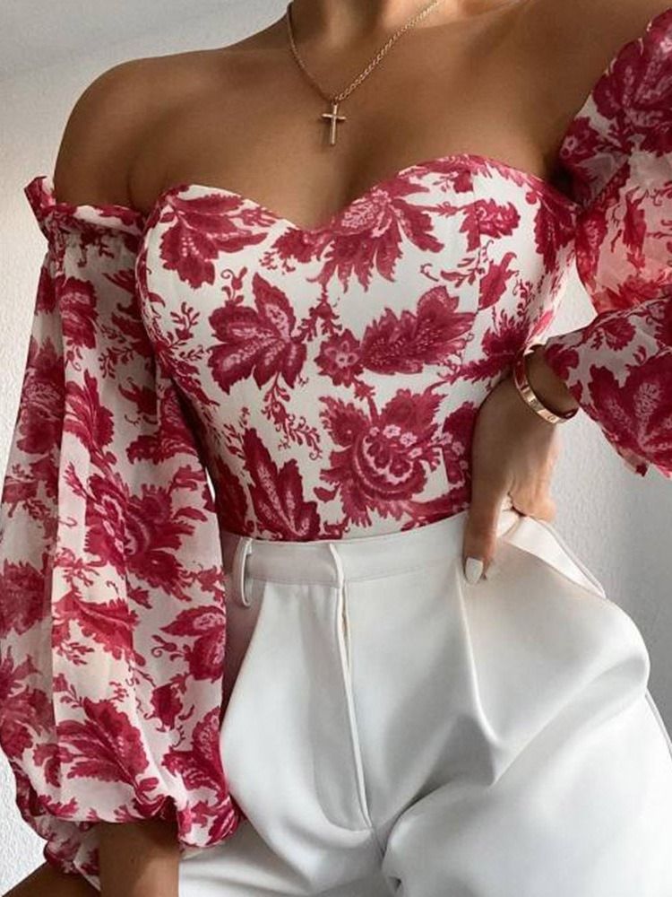 Off Shoulder Lantern Sleeve Floral Long Sleeve Women's Short Bluse