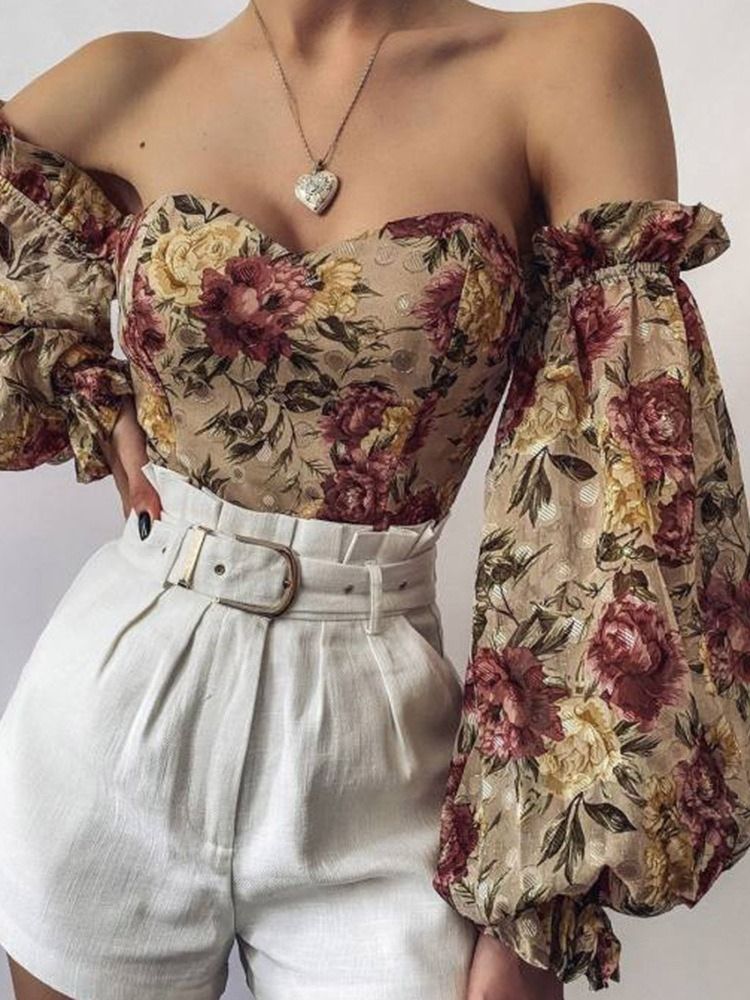 Off Shoulder Lantern Sleeve Floral Long Sleeve Women's Short Bluse