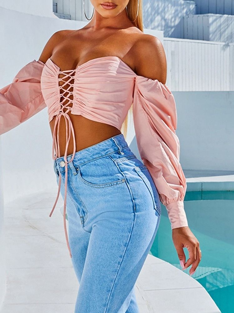 Plain Lace-up Off Shoulder Långärmad Kort Damblus