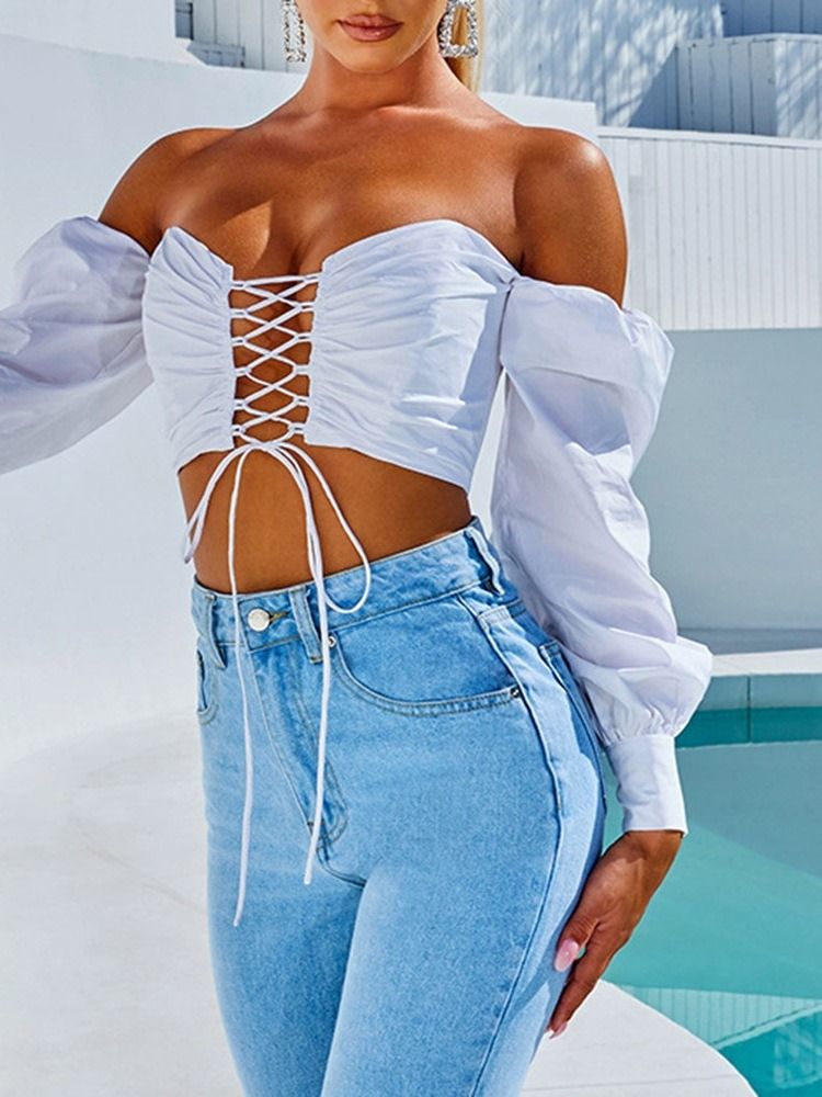 Plain Lace-up Off Shoulder Långärmad Kort Damblus