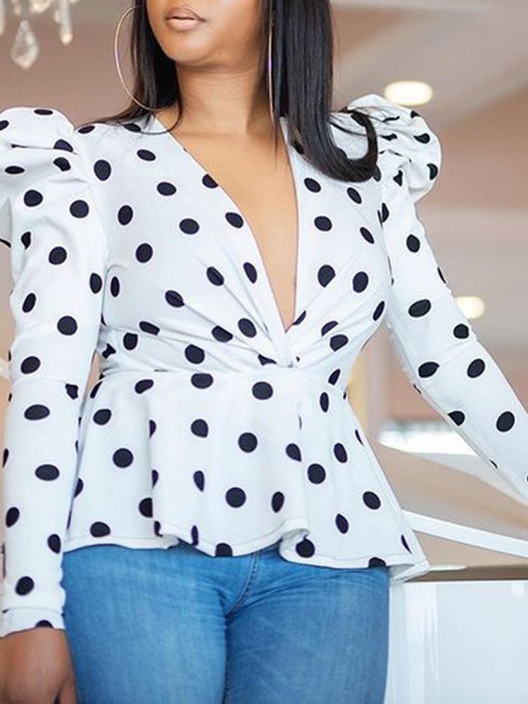 Polka Dots Print V-ringad Damblus Med Lång Ärm