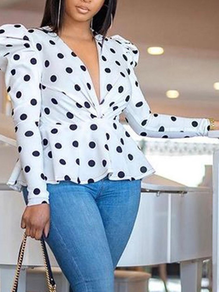 Polka Dots Print V-ringad Damblus Med Lång Ärm