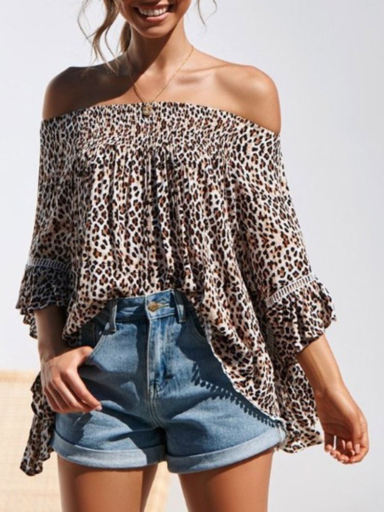 Print Leopard Off Shoulder Standard Trekvartärmblus För Kvinnor