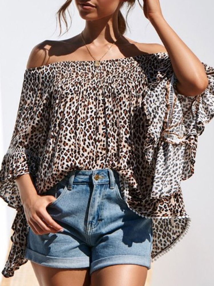 Print Leopard Off Shoulder Standard Trekvartärmblus För Kvinnor