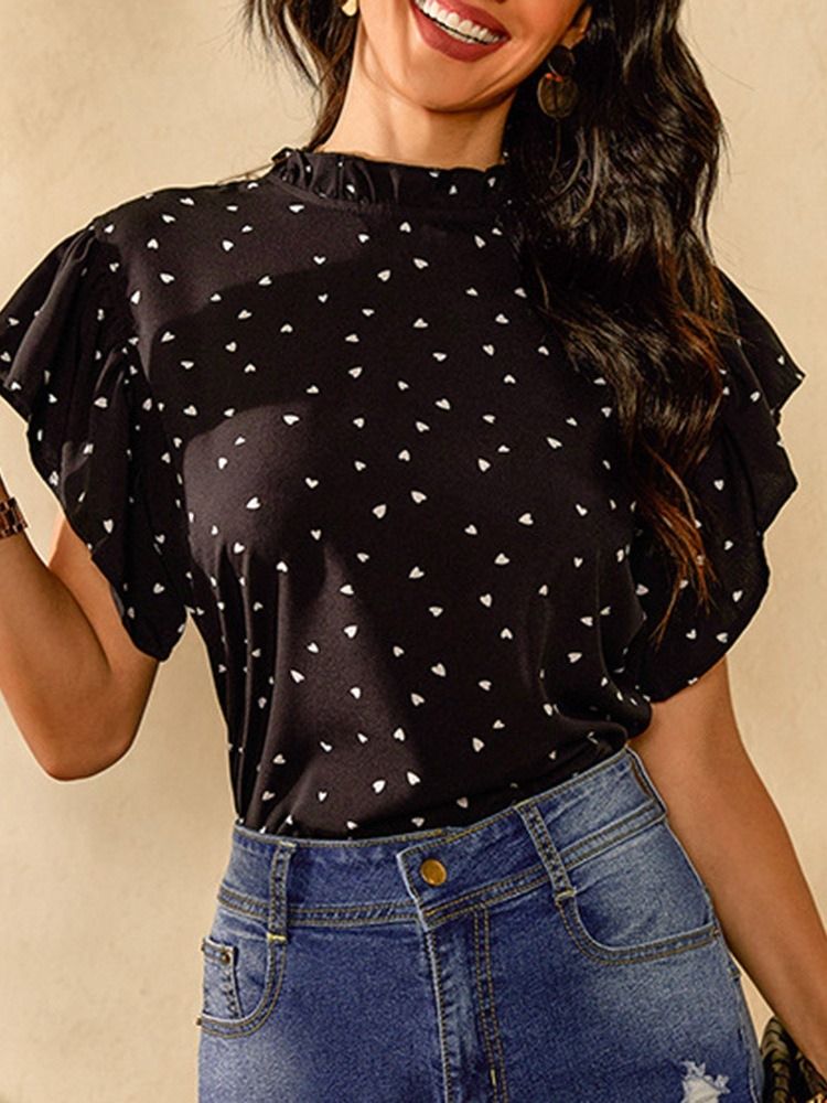 Print Polka Dots Ruffle Sleeve Standard Kortärmad Damblus