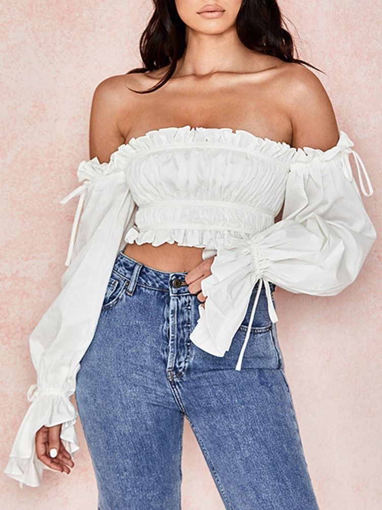 Snörning Plain Off Shoulder Kort Långärmad Vit Blus För Kvinnor