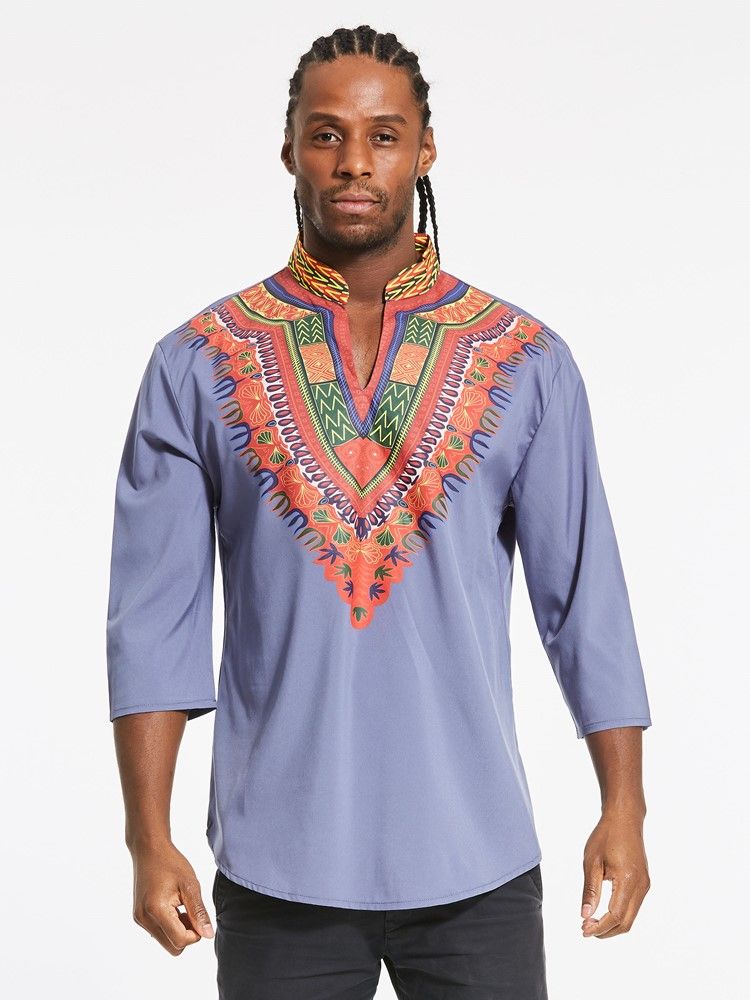 African Fashion Dashiki Print Color Block V-neck Slim T-shirt För Män