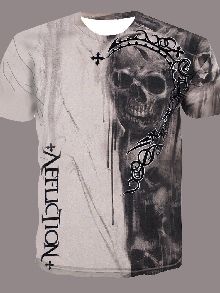 Round Neck Skull Print Kortärmad Tröja Herr T-shirt