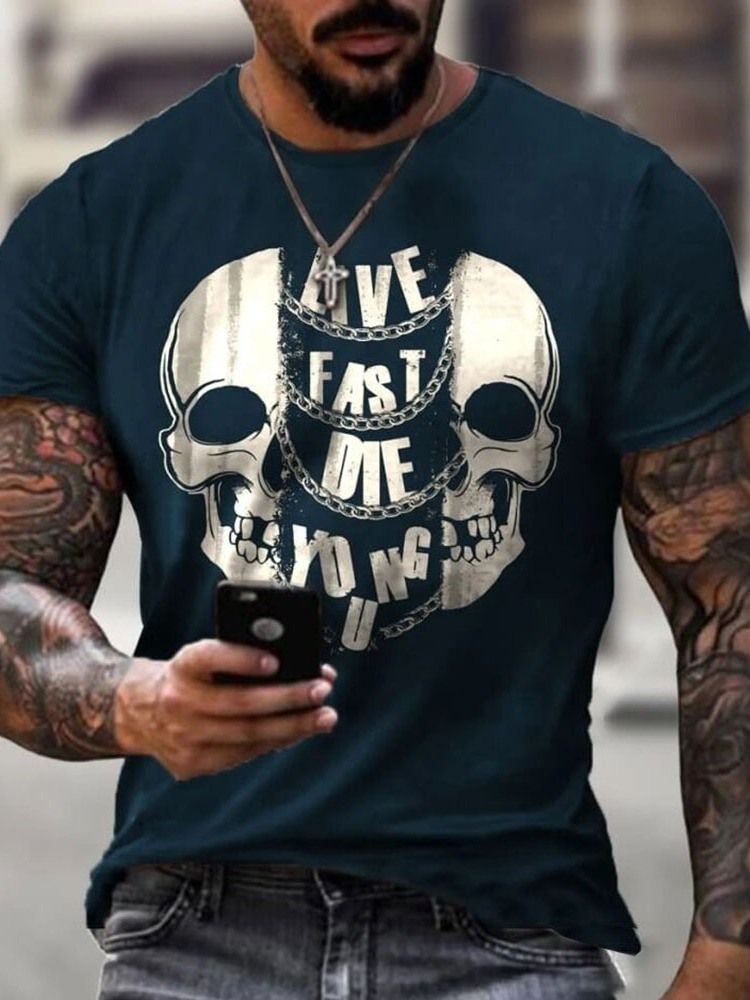 Skull Print Casual Skull Kortärmad Herr Slim T-shirt