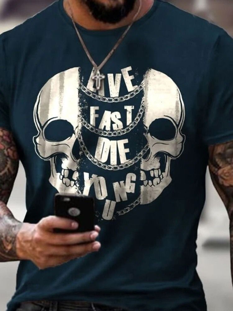 Skull Print Casual Skull Kortärmad Herr Slim T-shirt