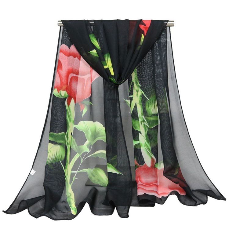 Graceful Rose Printed Chiffon Scarf För Kvinnor