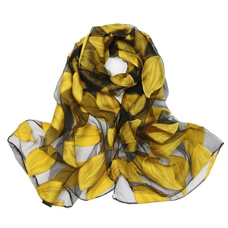 Högkvalitativt Organza Leaf Printed Scarf För Kvinnor