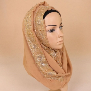 Kvinnors Muslimska Imitation Pearl Lace Headscarf