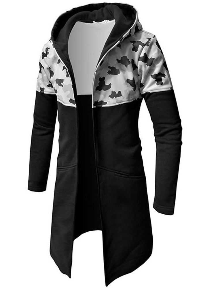 Camouflage Patchwork Slim Mid-length Hooded Mens Trench Coat