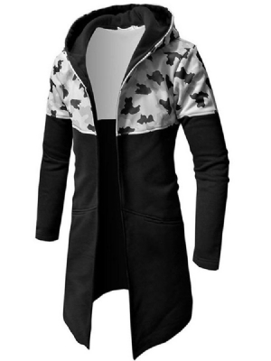 Camouflage Patchwork Slim Mid-length Hooded Mens Trench Coat