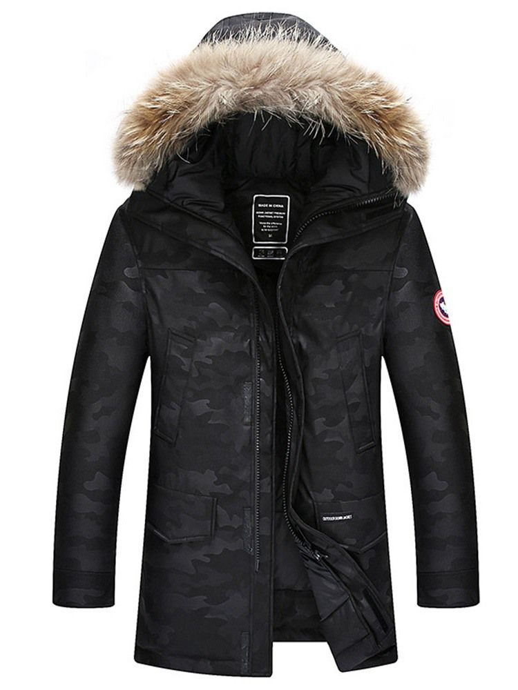 Color Block Mid-length Hooded European Zipper Men's Down Jacket