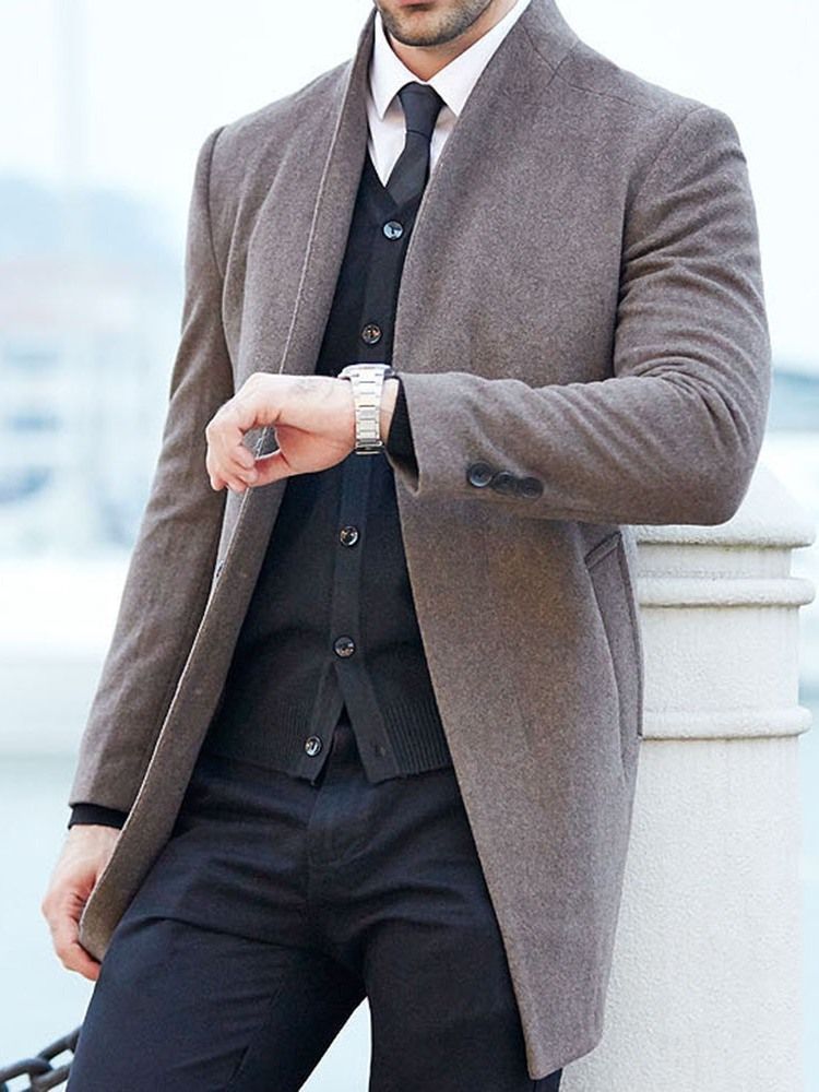 Mid-length Button Plain A Line Single-breasted Men's Coat