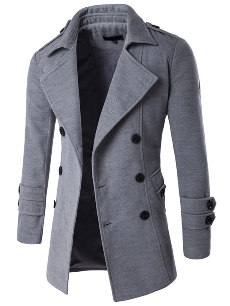 Notched Lapel Double-breasted Plain Casual Casual Wool Coat För Män