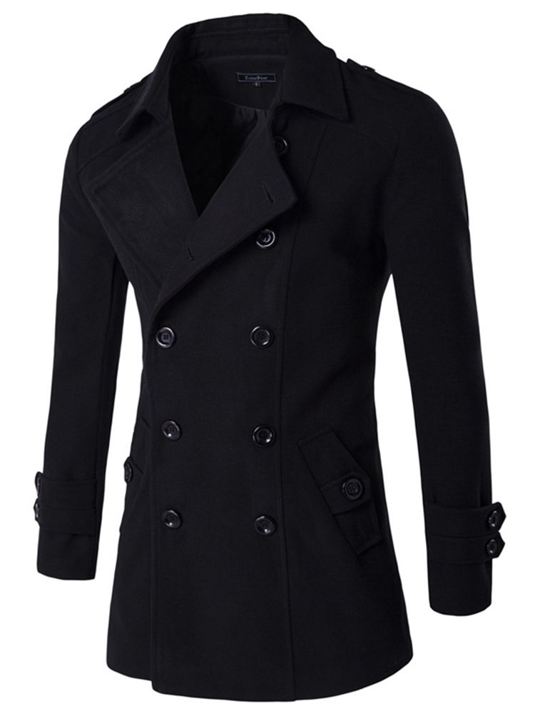 Notched Lapel Double-breasted Plain Casual Casual Wool Coat För Män