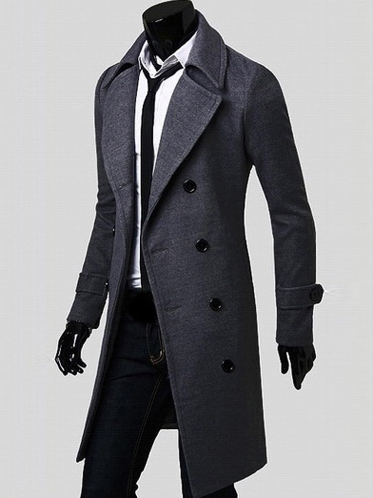 Notched Lapel Double-breasted Slim Peacoat För Män