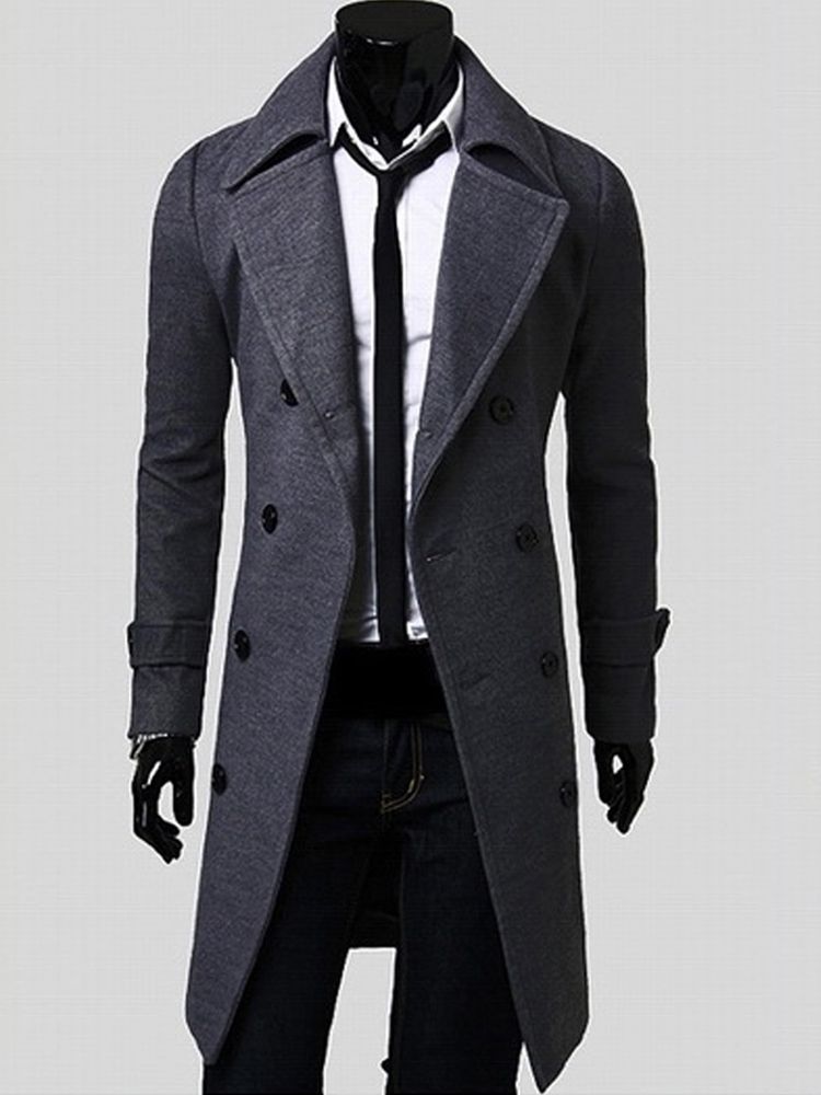 Notched Lapel Double-breasted Slim Peacoat För Män