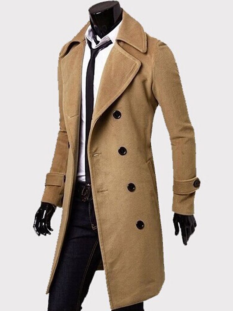 Notched Lapel Double-breasted Slim Peacoat För Män