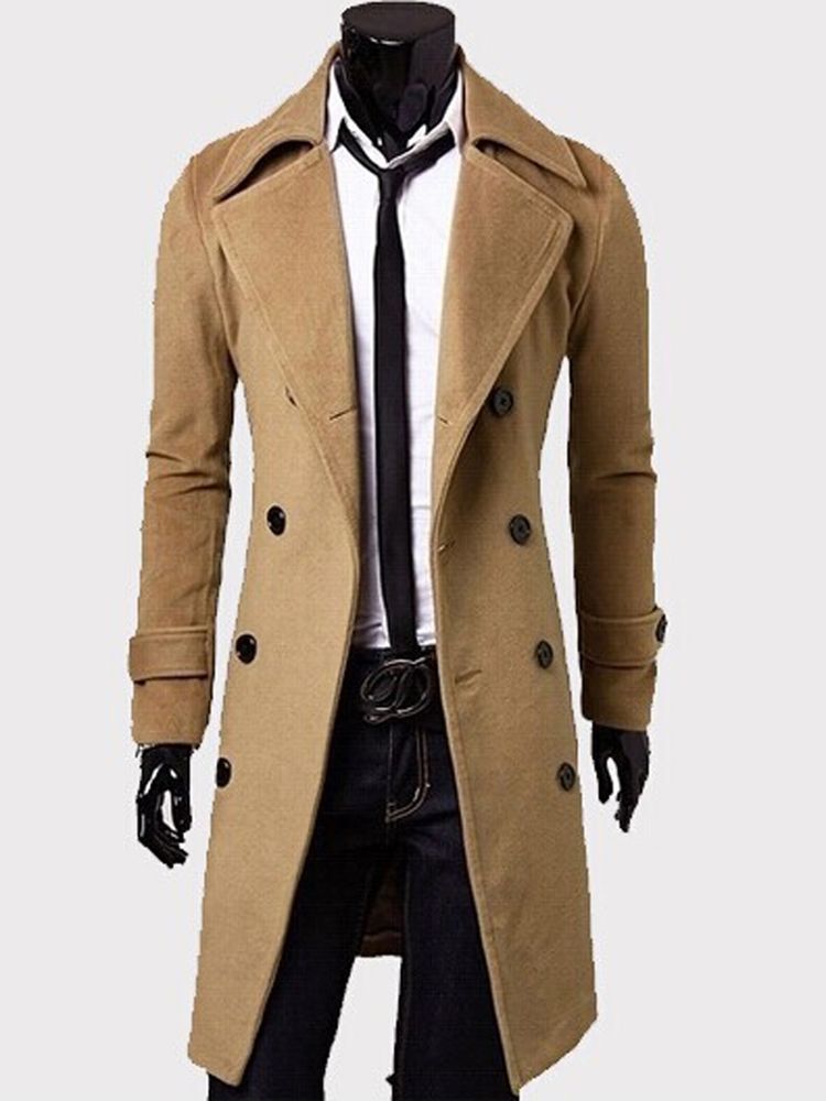 Notched Lapel Double-breasted Slim Peacoat För Män