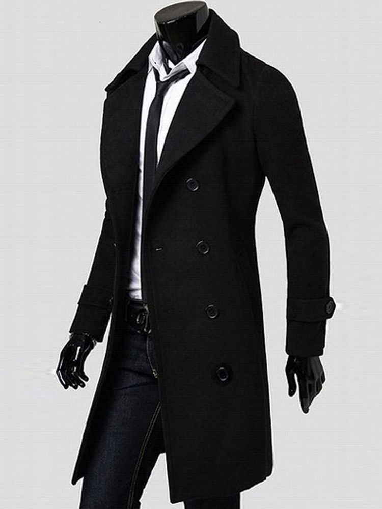 Notched Lapel Double-breasted Slim Peacoat För Män