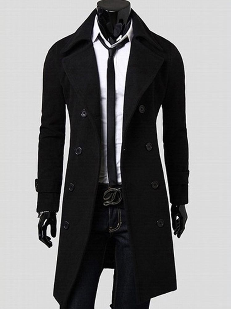 Notched Lapel Double-breasted Slim Peacoat För Män