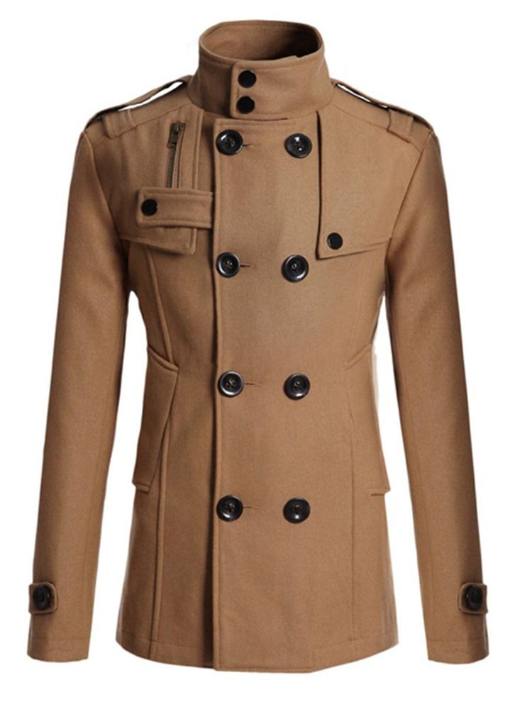 Plain Double-breasted Stand Collar Herr Peacoat