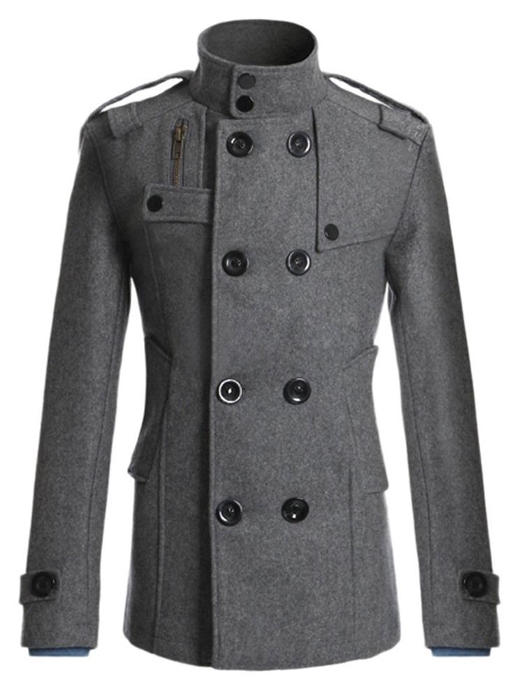 Plain Double-breasted Stand Collar Herr Peacoat