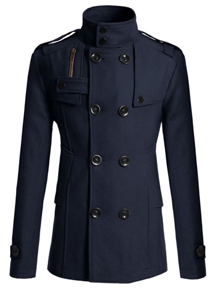 Plain Double-breasted Stand Collar Herr Peacoat