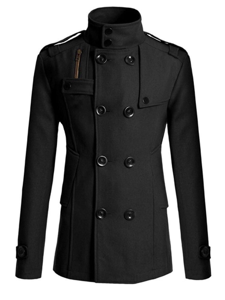 Plain Double-breasted Stand Collar Herr Peacoat