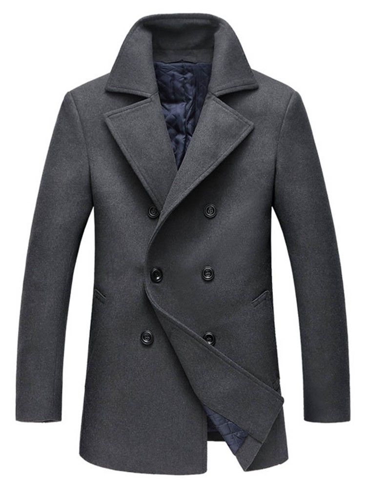 Plain Lapel Double-breasted Slim Wool Coat För Män