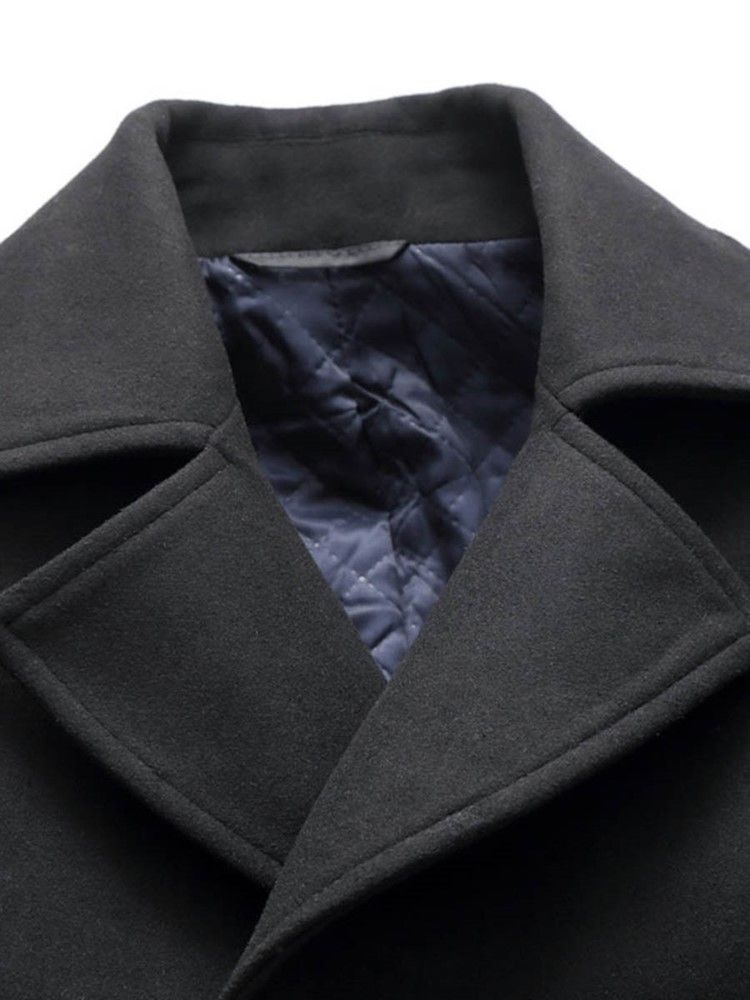 Plain Lapel Double-breasted Slim Wool Coat För Män