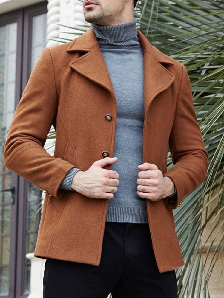 Plain Notch Lapel Mens Slim Slim Wool Coat