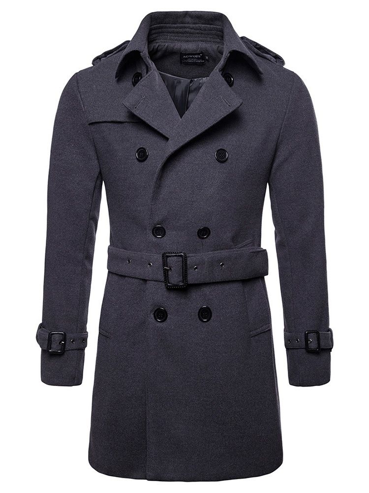 Plain Slim Mid-length Mens Wool Pea Coat With Belt