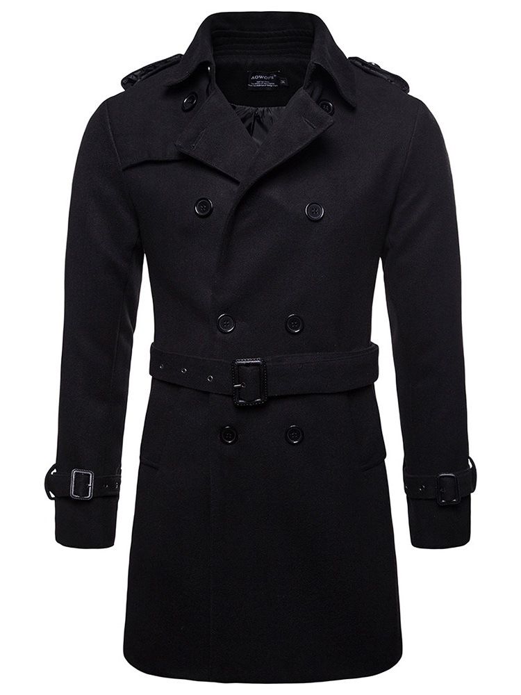 Plain Slim Mid-length Mens Wool Pea Coat With Belt