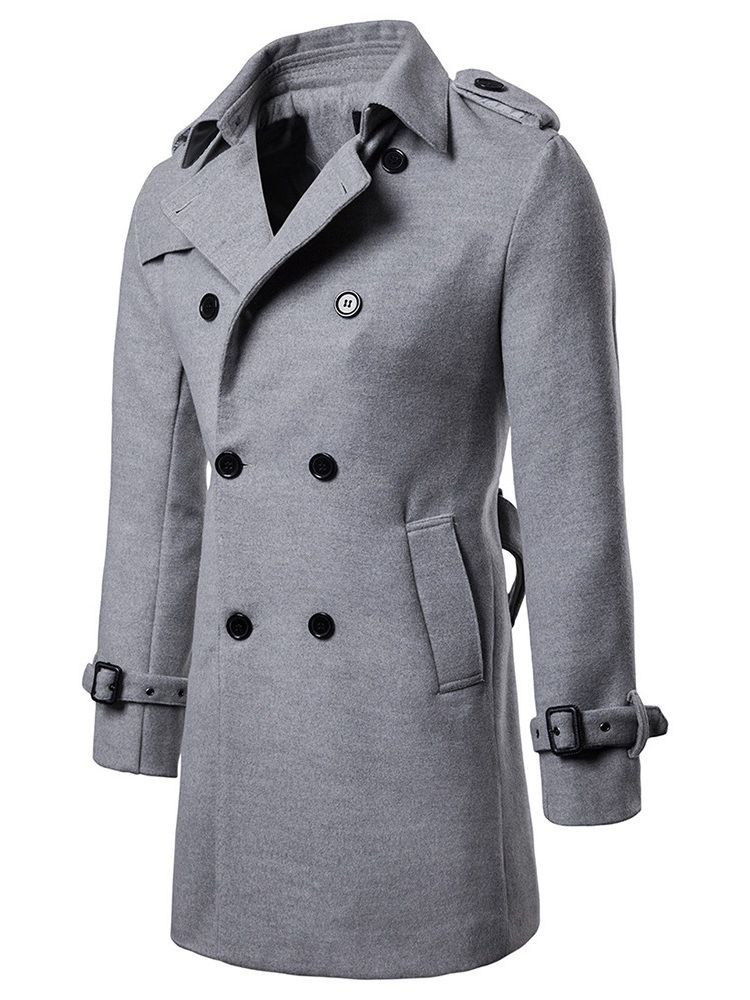 Plain Slim Mid-length Mens Wool Pea Coat With Belt