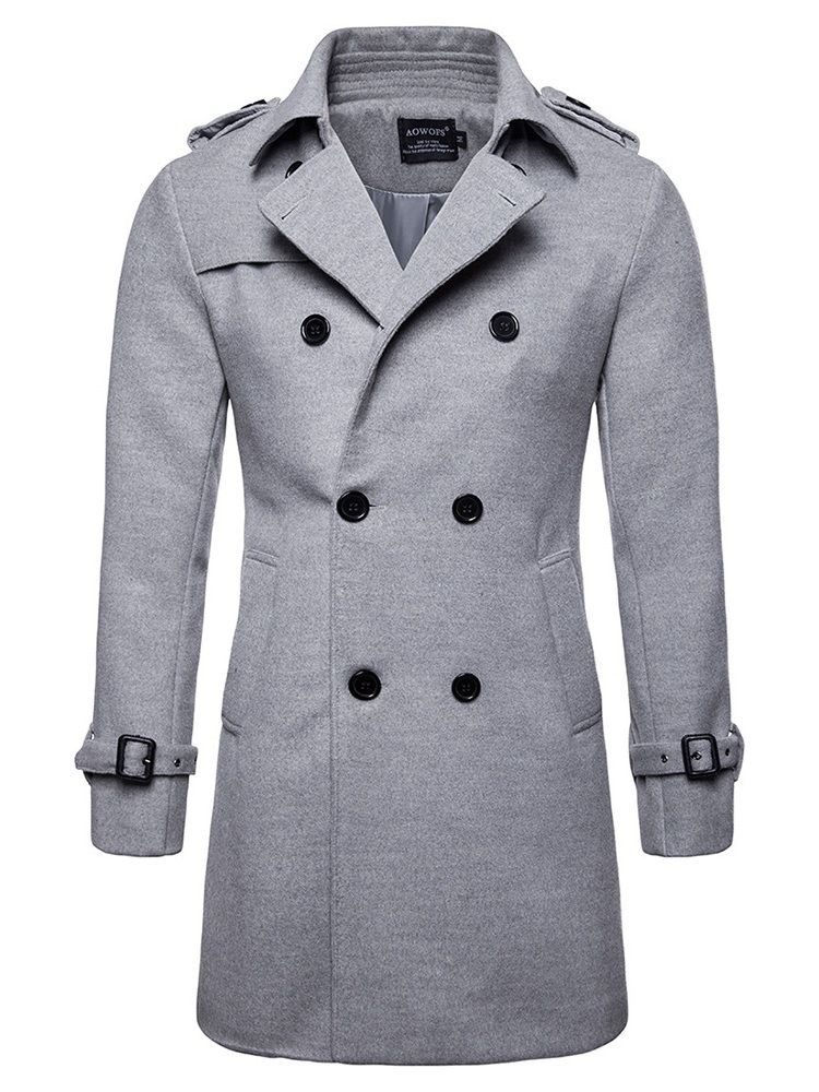 Plain Slim Mid-length Mens Wool Pea Coat With Belt