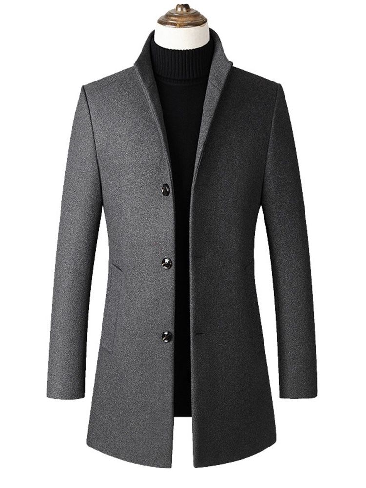 Plain Stand Collar Mid-length Mens Slim Wool Coat